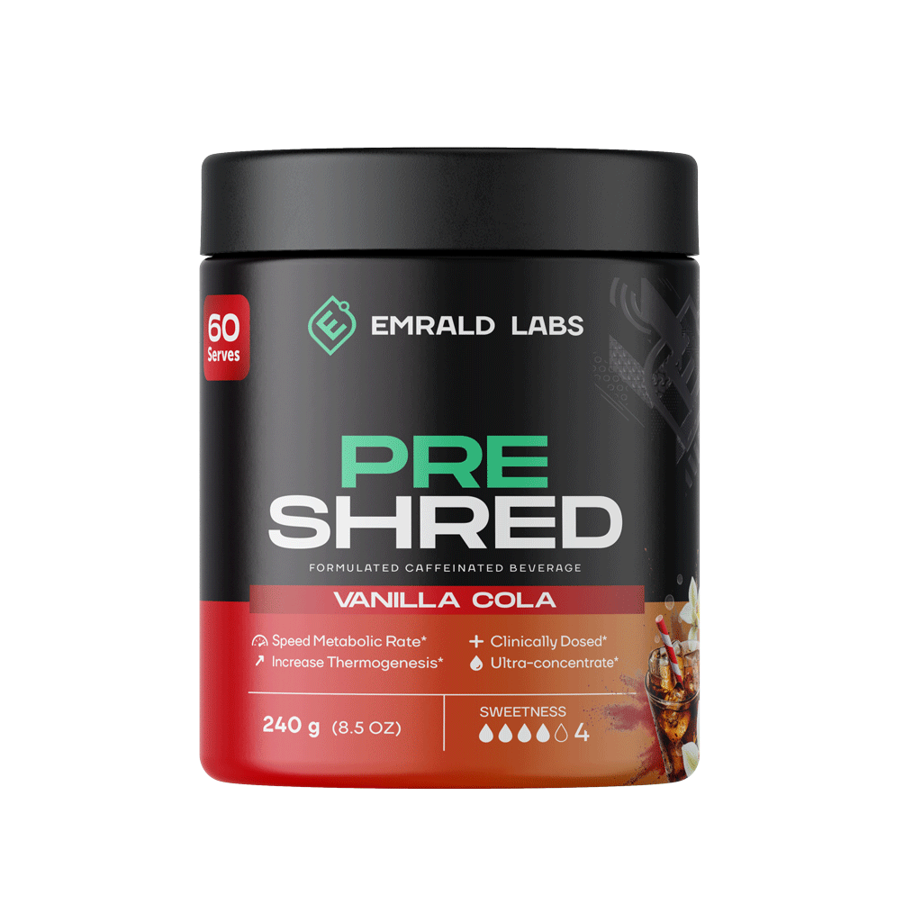 Emrald Labs Pre Shred Energy Booster mixed in water, showcasing its vibrant color and texture.