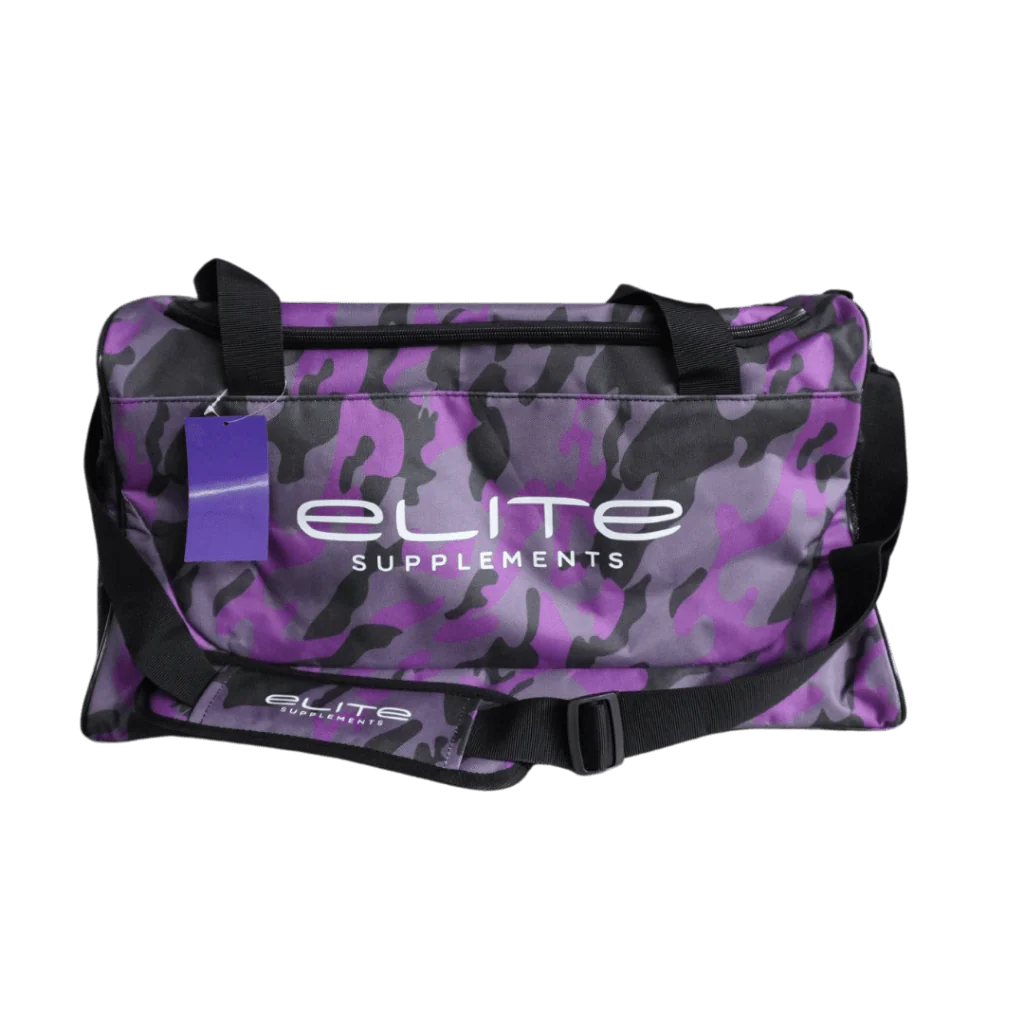 Elite Supps stylish duffle bag for gym, showcasing its spacious interior and sturdy straps.