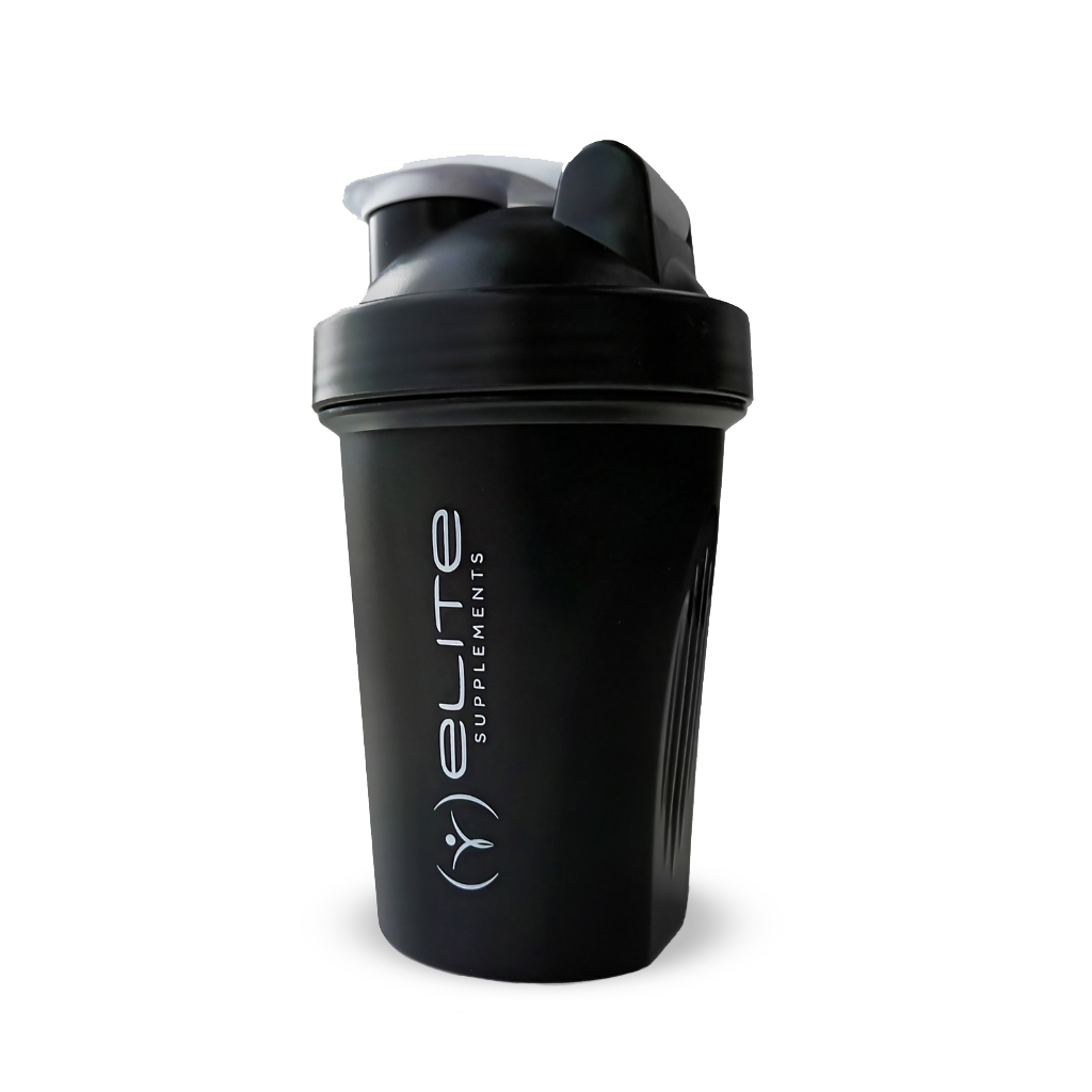 Close-up of BPA free shaker with logo on gym bench