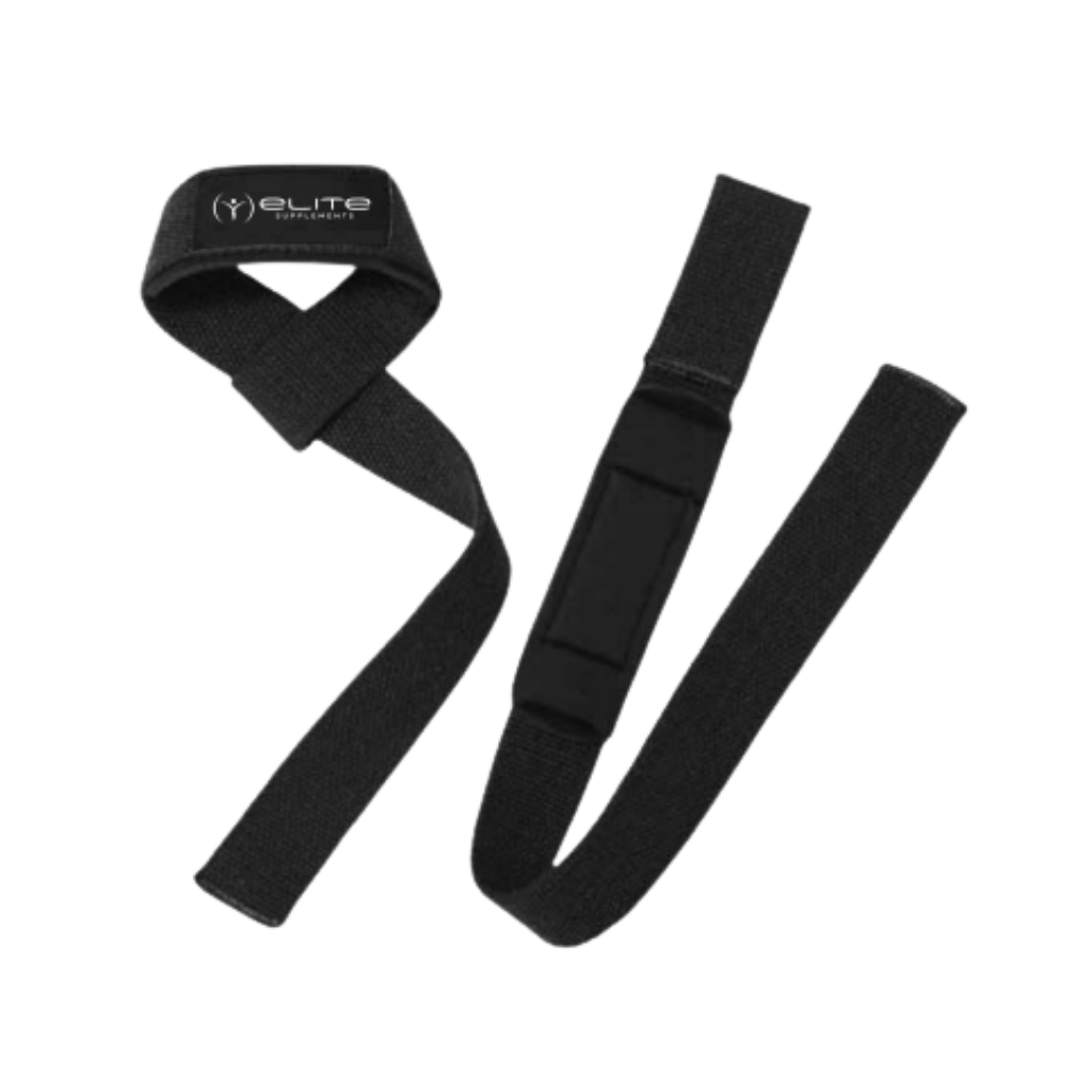 Close-up of cotton lifting straps wrapped around hands during weightlifting