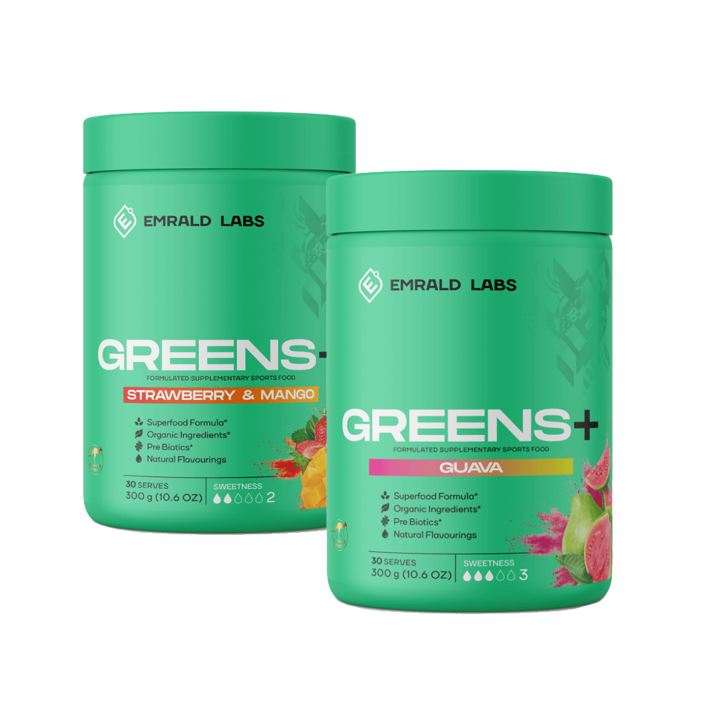 Front view of Greens+ Vitality Twin Pack showing fresh superfoods blend and packaging design.