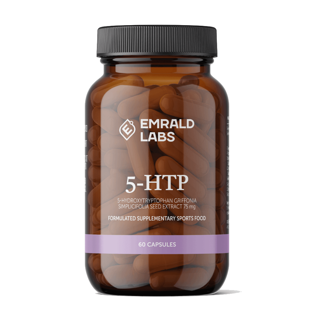 Front view of Emrald Labs 5-HTP capsules, showcasing the packaging and label.