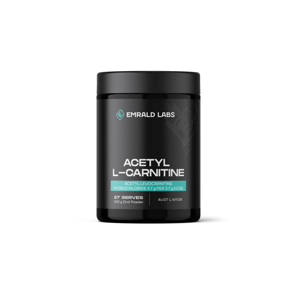 Close-up of Vitality Boost Acetyl L-Carnitine capsules in a bottle, showcasing the product's high quality and appeal.