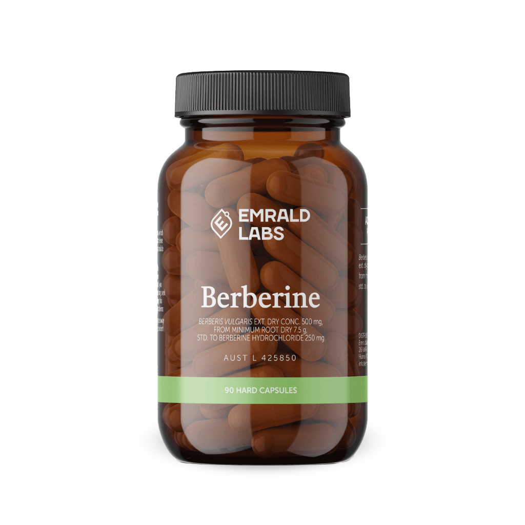 Pure berberine capsules in a clear bottle, ideal for blood sugar support.