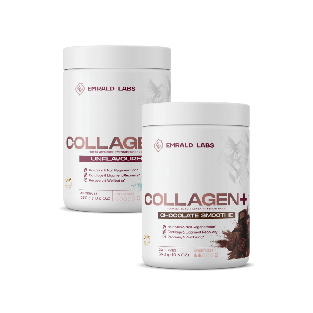 Close-up of Emrald Labs Radiant Collagen Duo packaging highlighting its anti-aging properties.