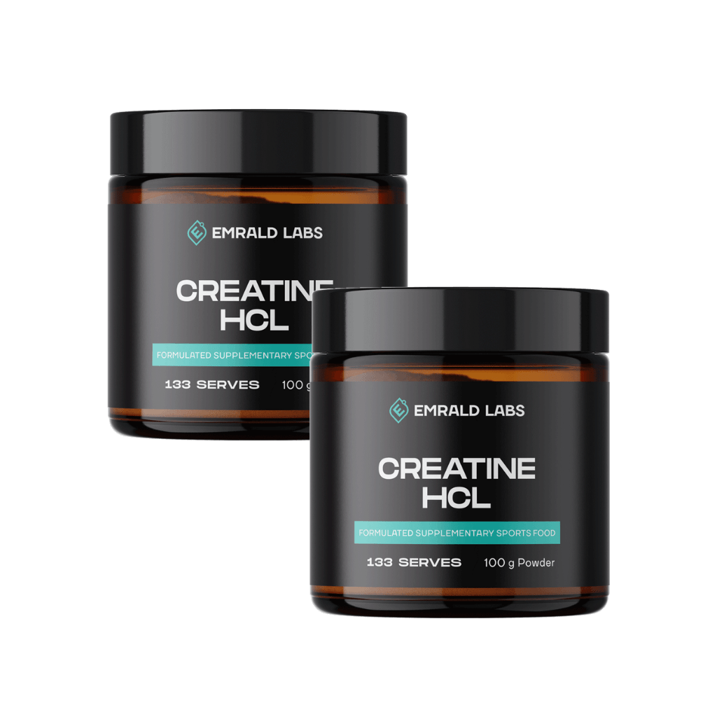 Front view of Emrald Labs Creatine HCL twin pack featuring clean label and dosage info – creatine hcl, muscle recovery