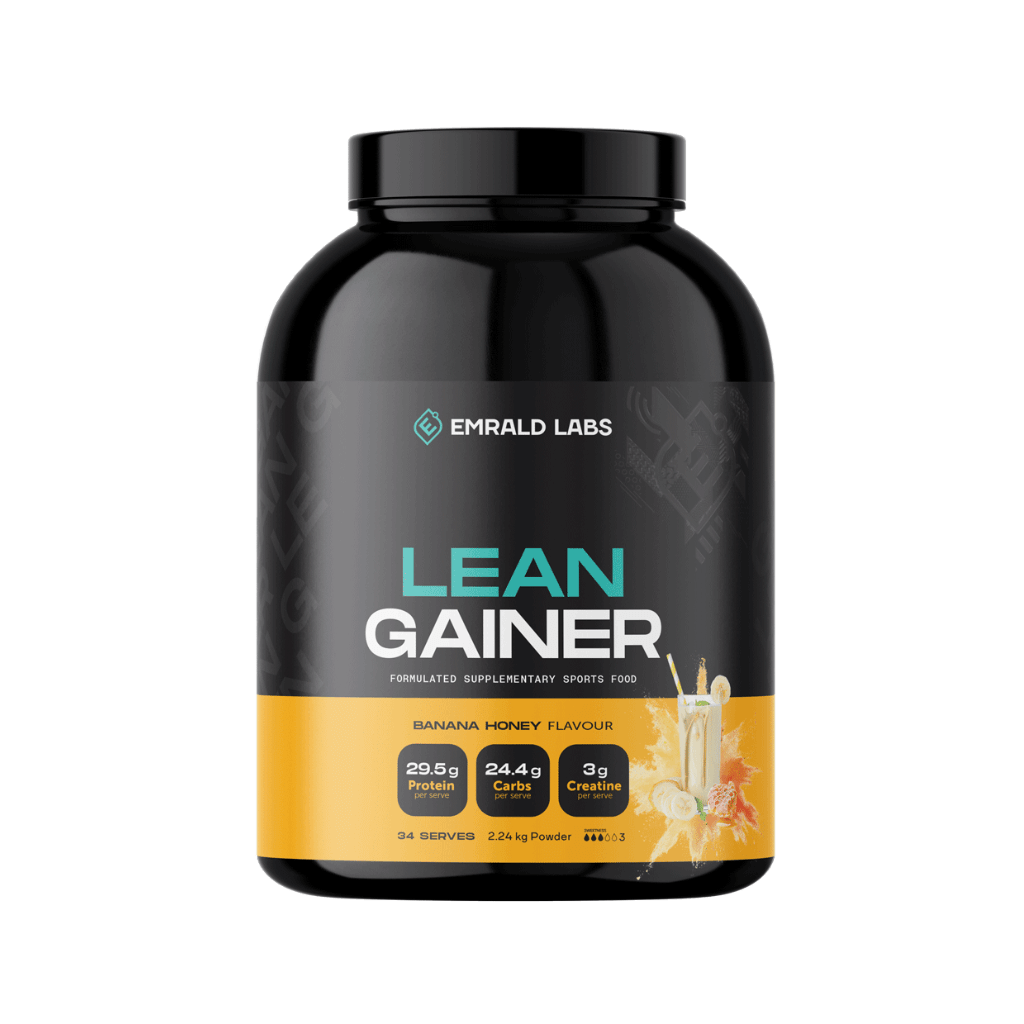 Container of Emrald Labs Lean Gainer showing nutritional info and ingredients for muscle growth