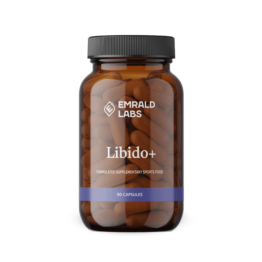 Close-up of VitalityMax Libido Enhancer capsules in a bottle, showcasing their vibrant packaging.