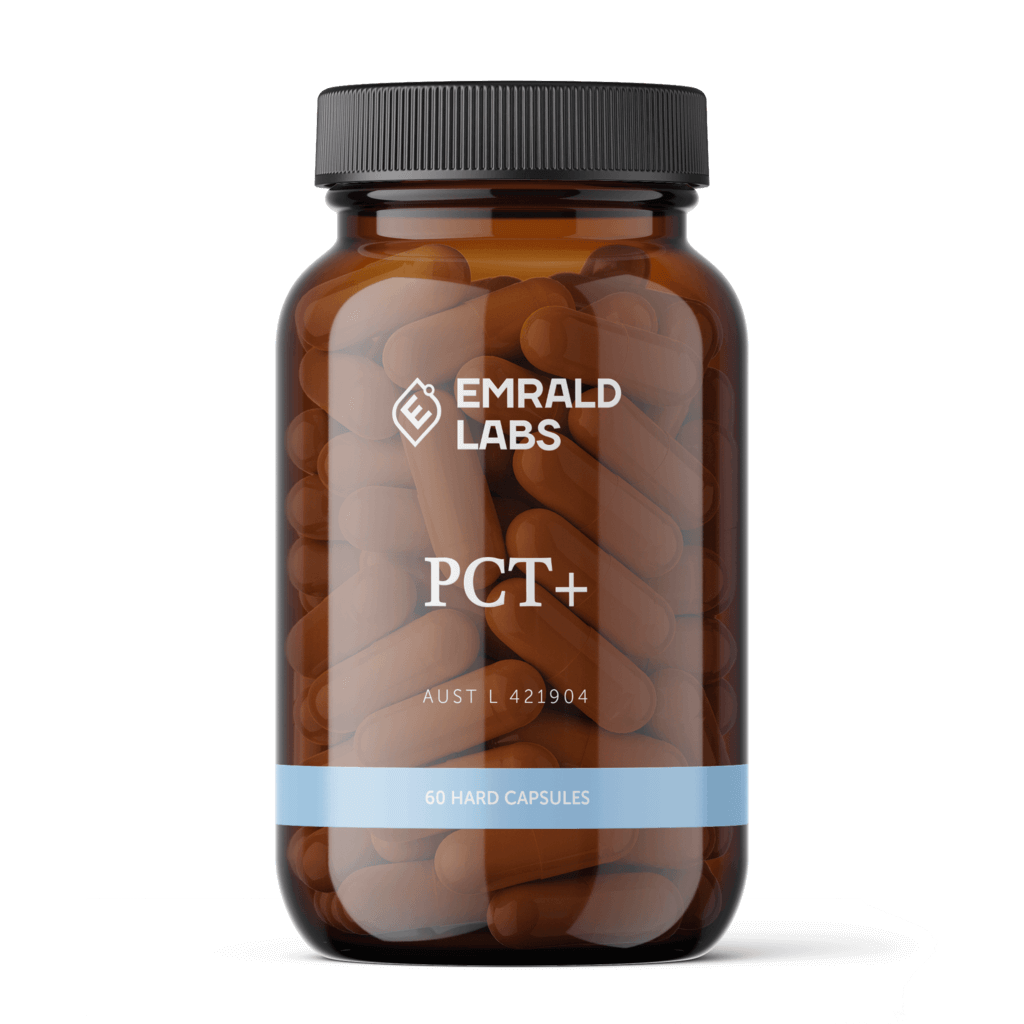 Emrald Labs PCT+ Post Cycle Therapy Supplement bottle showcasing its liver health benefits.