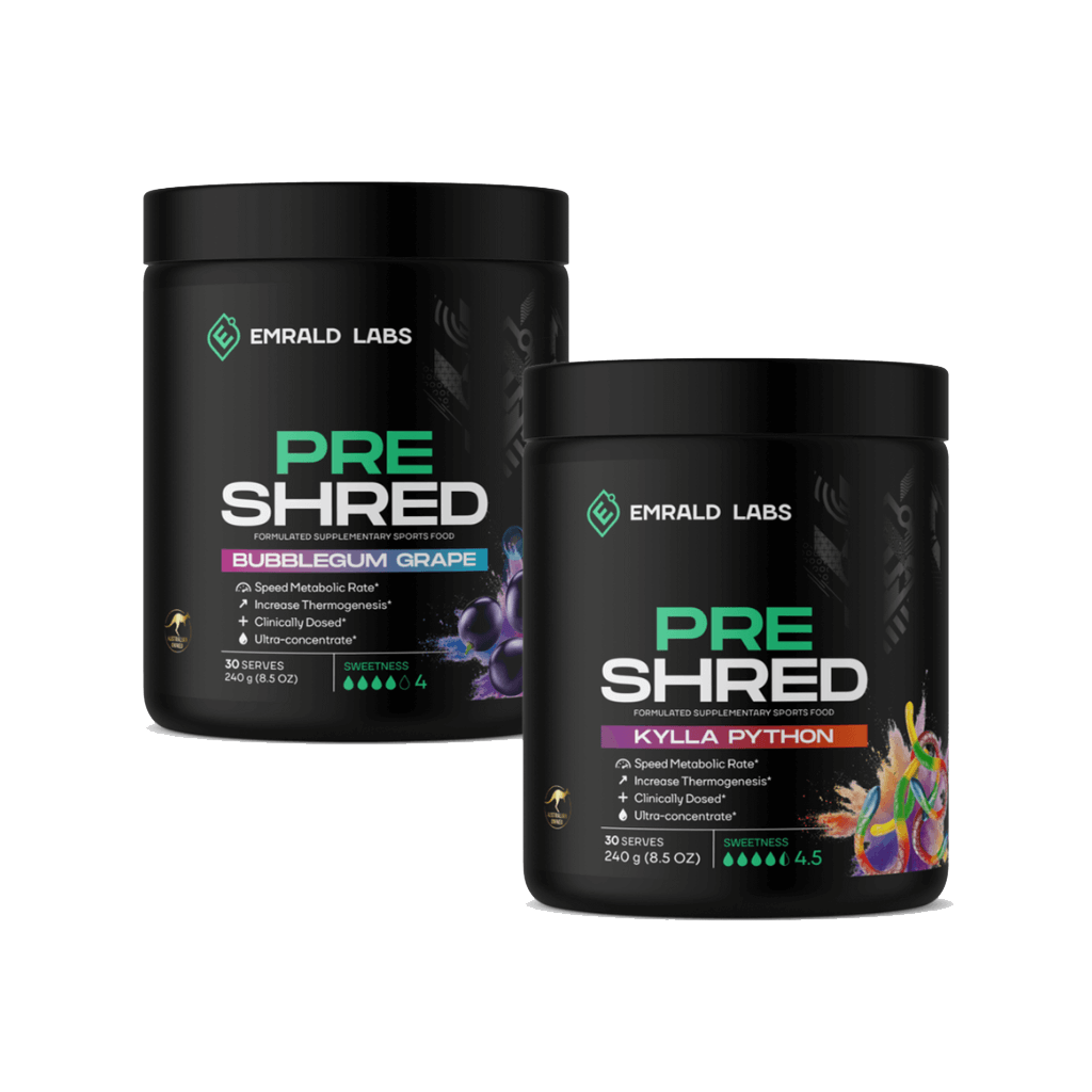 Pre Shred Ultimate Twin Pack showcasing its vibrant flavors, perfect for pre workout energy boost.