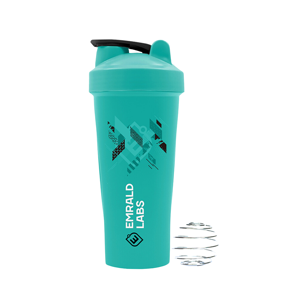 Close-up of Emrald Labs protein shaker with storage compartment for gym workouts