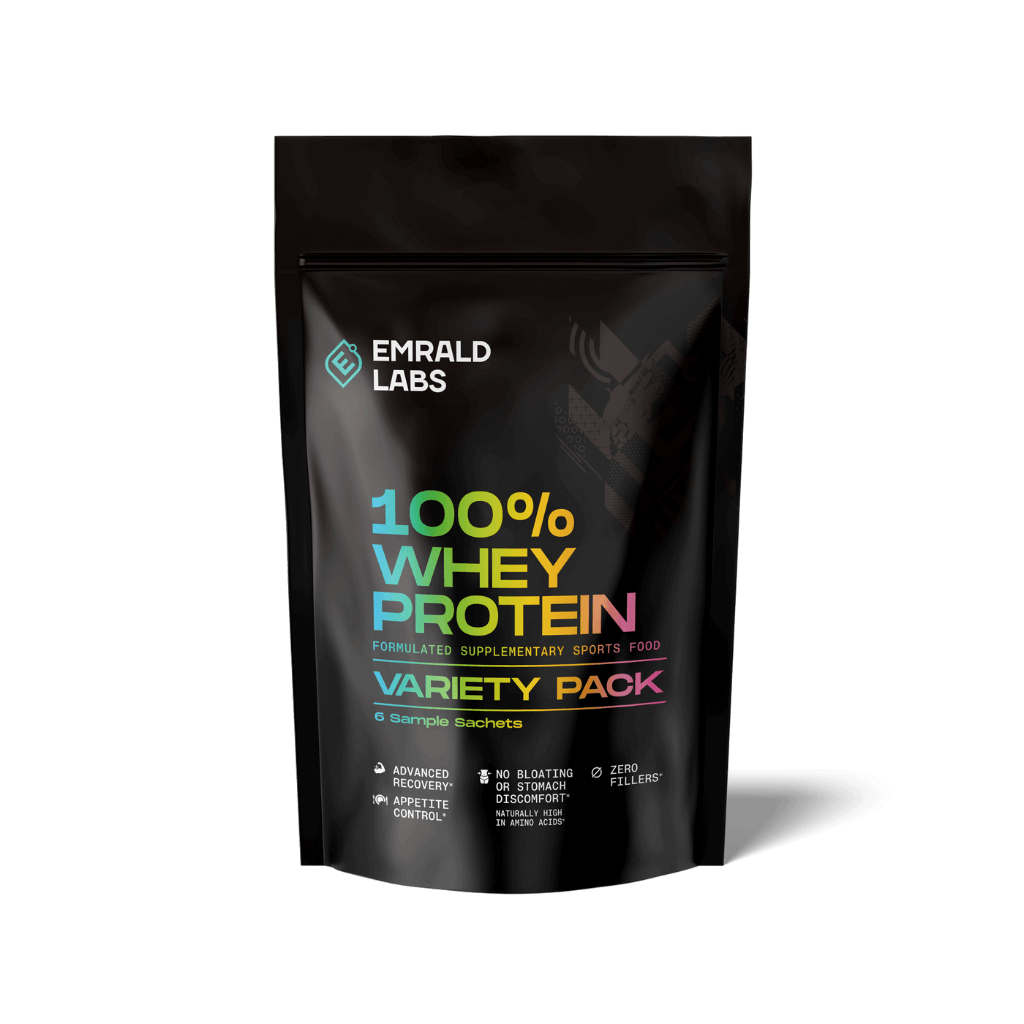 Front view of Emrald Labs Whey Starter Bundle showing assorted flavors for protein powder variety