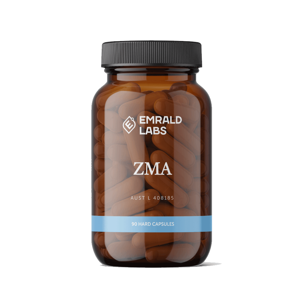 ZMA capsules shown in a bottle, emphasizing muscle recovery benefits.