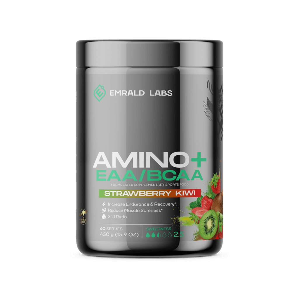 Amino Boost EAA & BCAA Performance Blend in a shaker bottle, showcasing its vibrant color and texture.