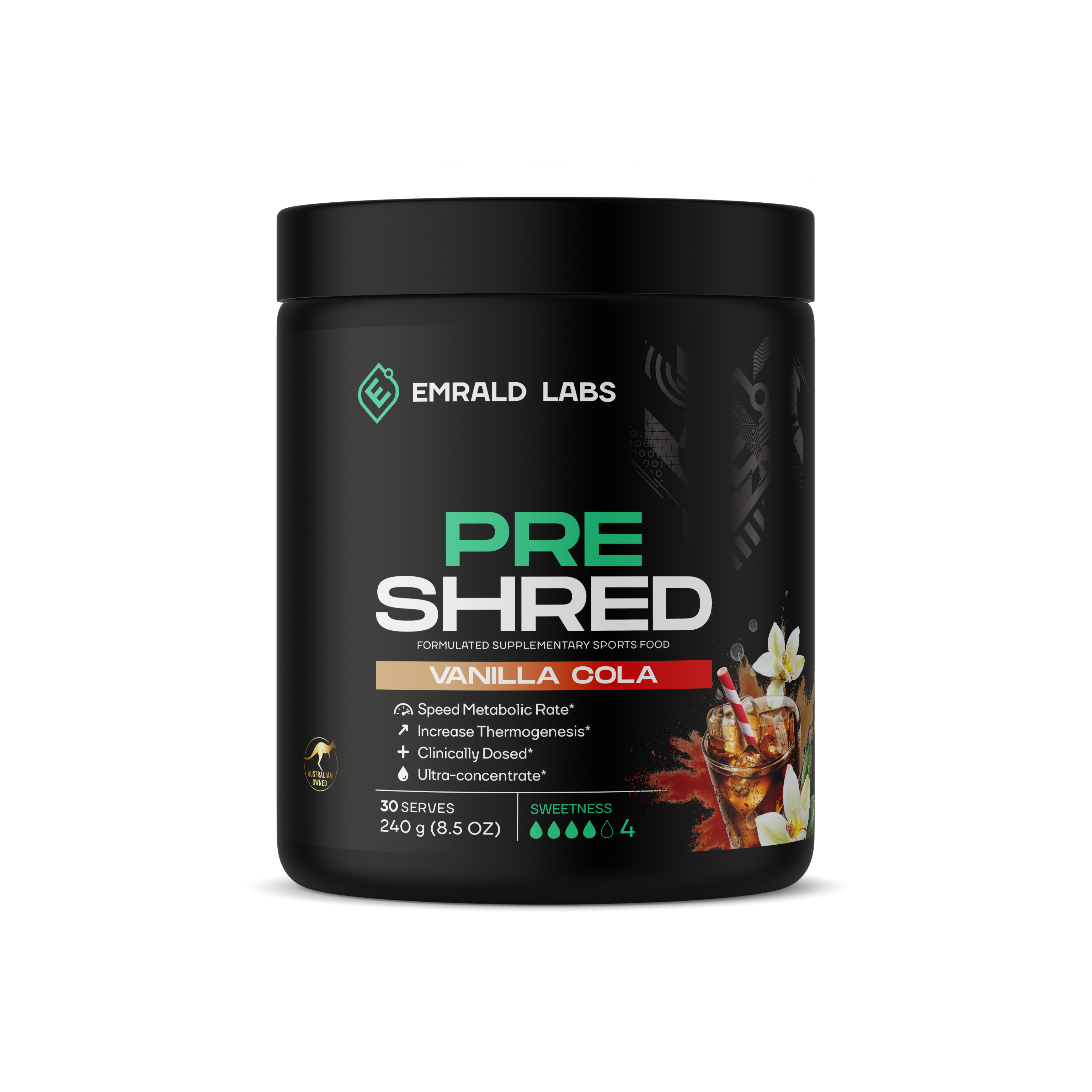 Pre Shred Vanilla Cola fat burner supplement in a shaker bottle, ideal for fat loss and energy boosting