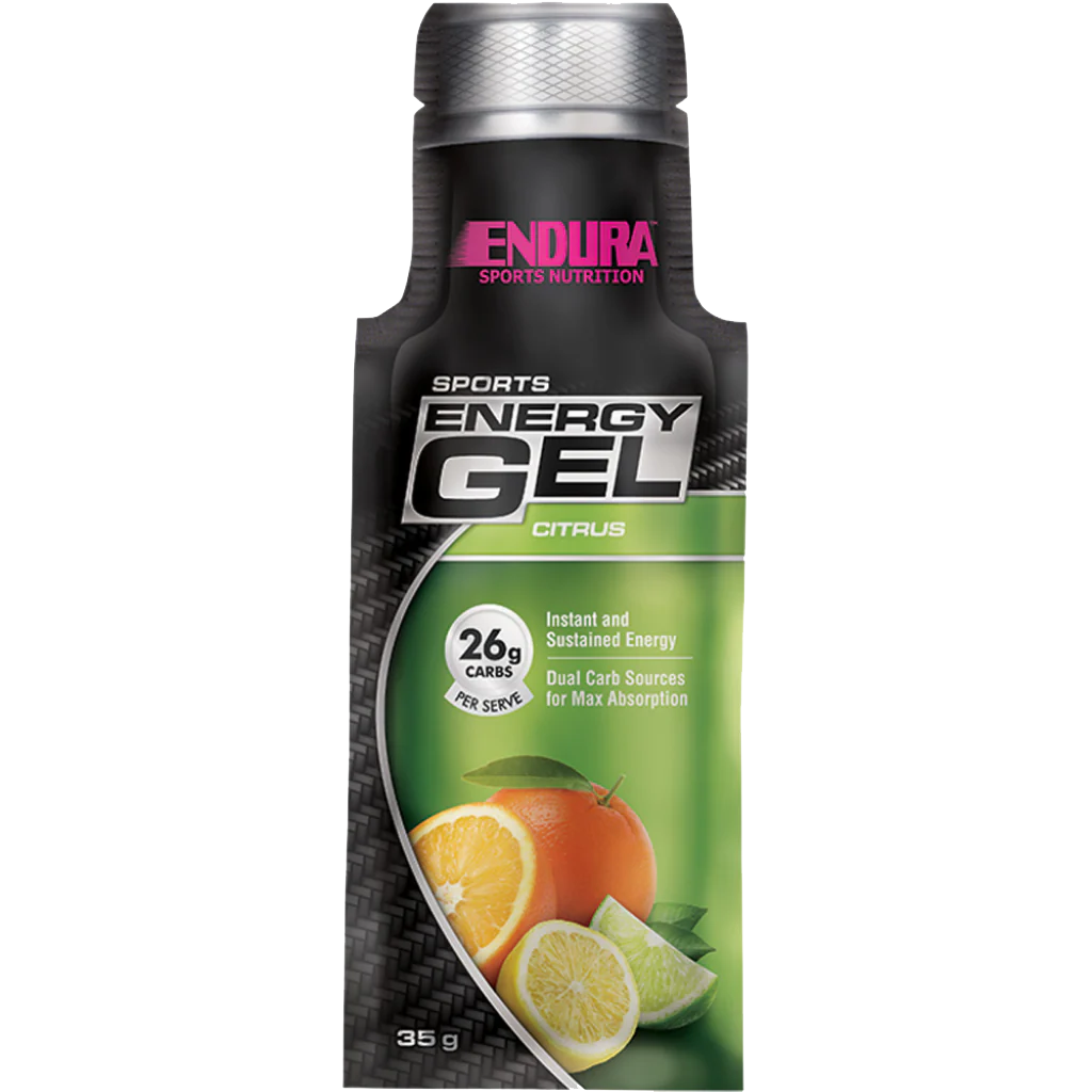 Endura Energy Gel Variety Pack displayed on a running trail, highlighting its portability and convenience for athletes.