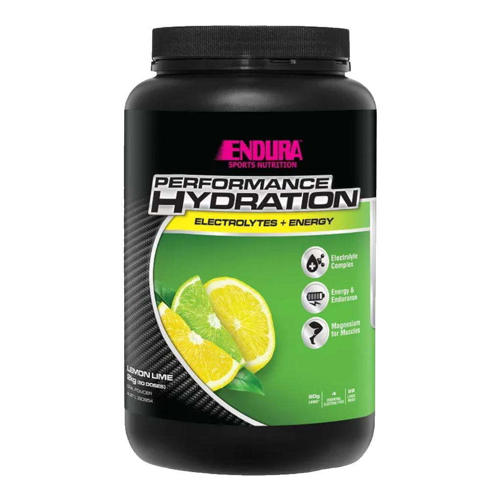 Endura Performance Hydration Fuel packaging highlighting its electrolyte-rich formula for athletes.