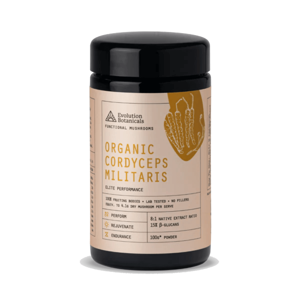 Close-up of Vitality Boost Organic Cordyceps Militaris capsules against a natural backdrop.