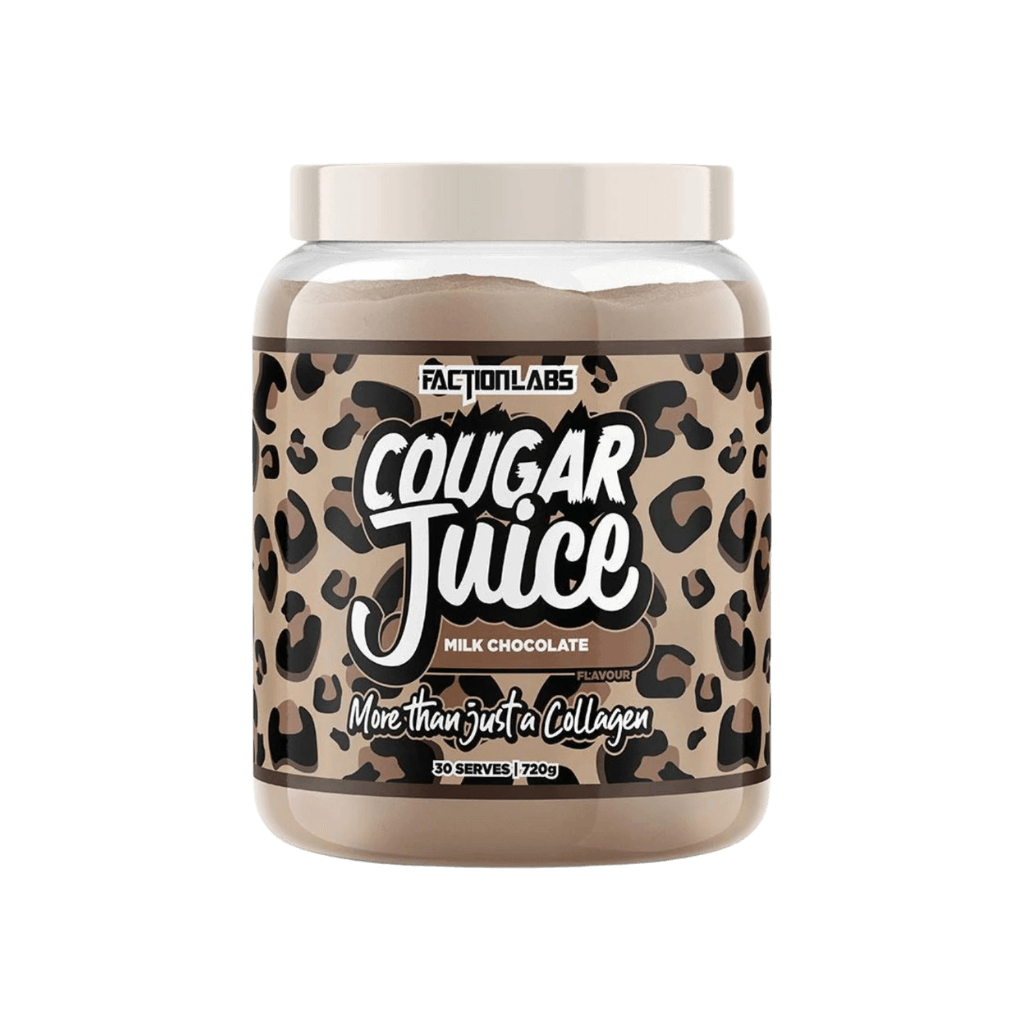 Close-up of Cougar Juice collagen supplement scoop with ingredients in background