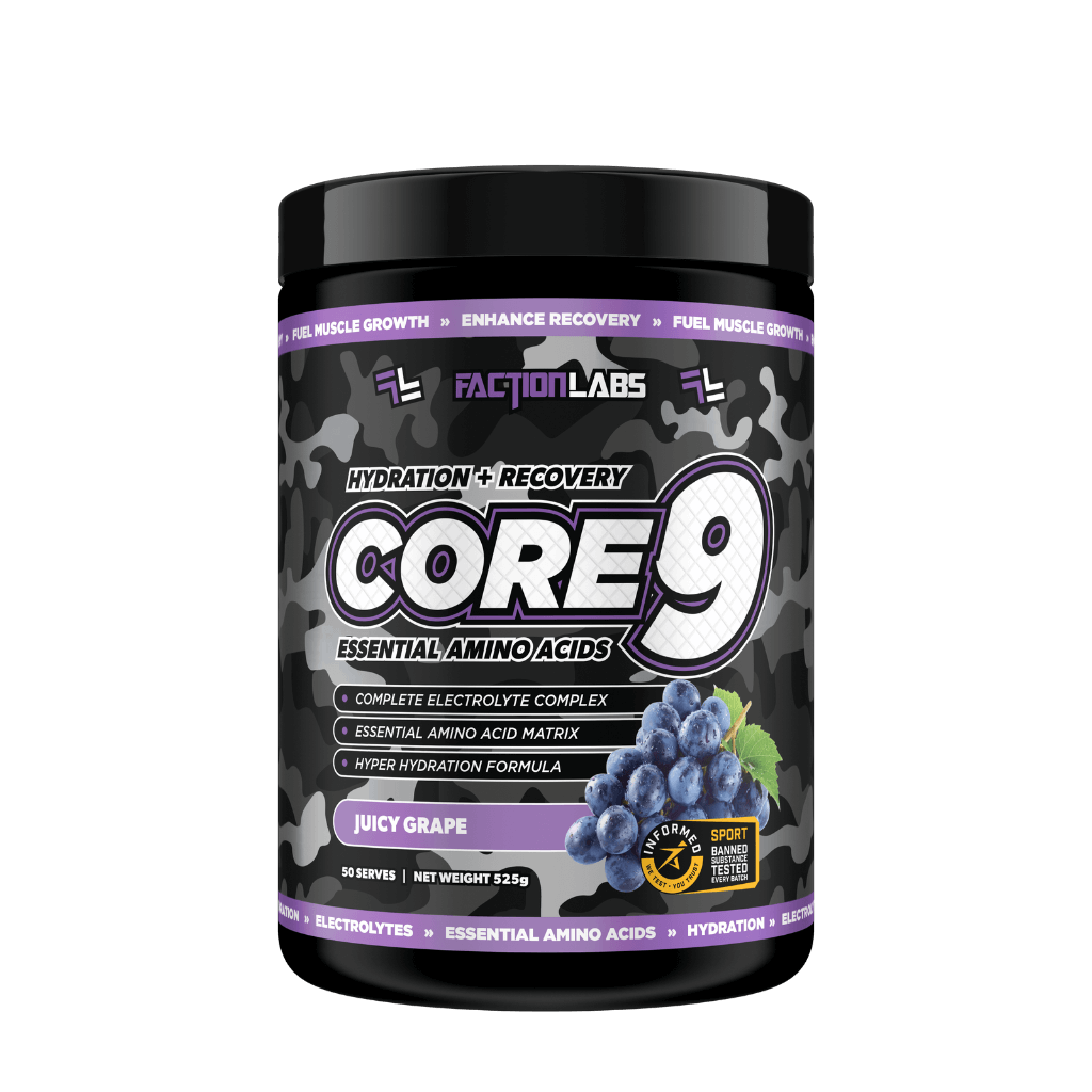 Close-up of Core 9 supplement ingredients, emphasizing the blend of Essential Amino Acids and BCAAs for muscle growth.