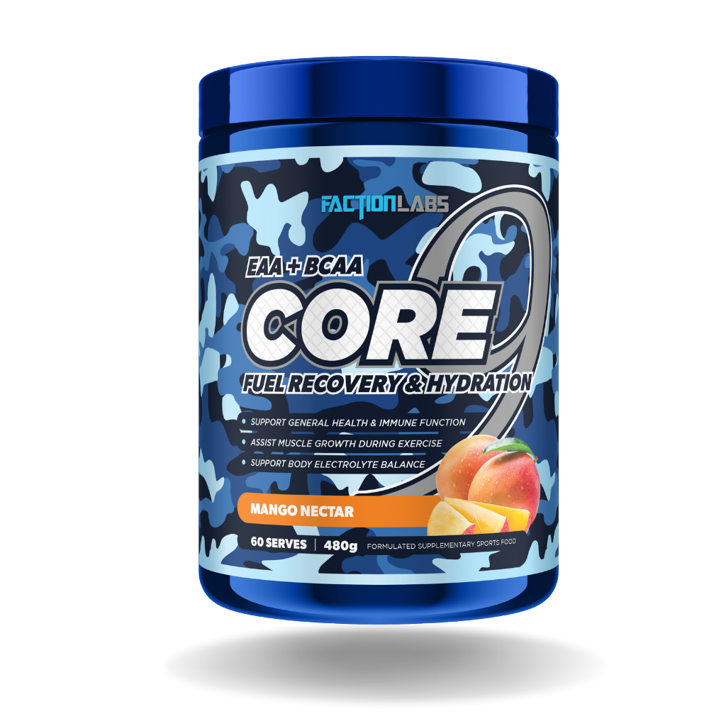 Core 9 EAA+BCAA blend showcasing the supplement in a sleek container, ideal for athletes focused on muscle recovery.