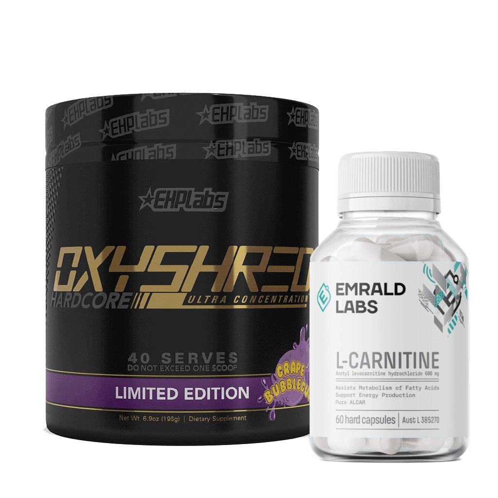 EHP Labs OxyShred Hardcore bottle showcasing its fat-burning properties.