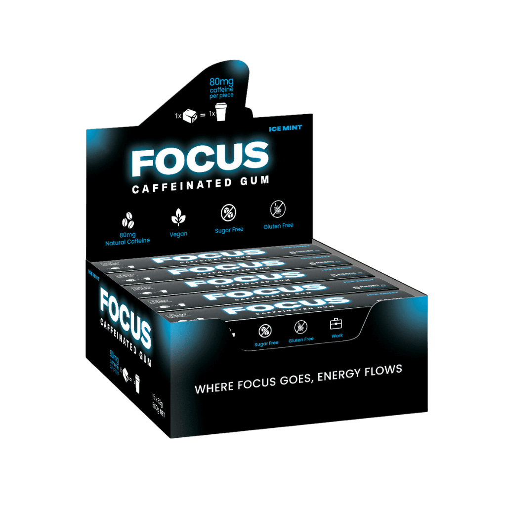 FocusBoost Energy Gum packaging showcasing its vibrant design and flavor options.
