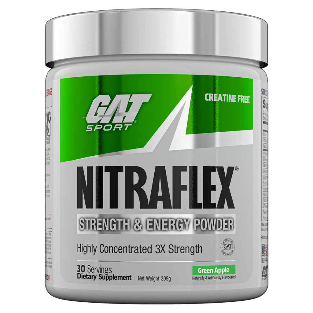 Close-up of Nitraflex pre-workout supplement container with label visible