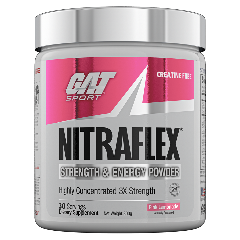 Person lifting weights with Nitraflex supplement in background