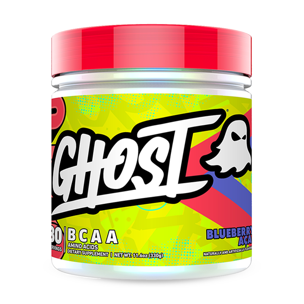 Close-up of Ghost BCAA supplement with focus on muscle growth support