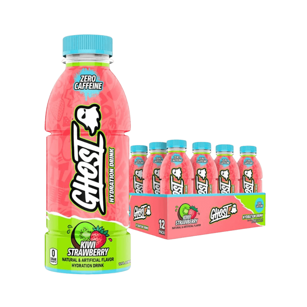 Ghost Hydration Ready-to-Drink Energy Boost in a gym setting, refreshing flavor and energizing ingredients.