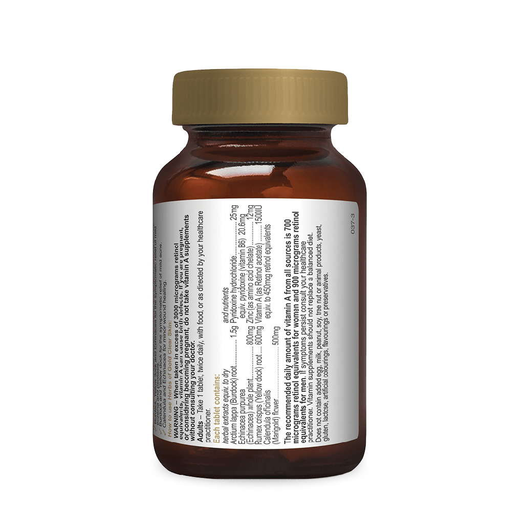 Close-up of ClearSkin Gold Herbal Supplement tablets, ideal for sensitive skin.