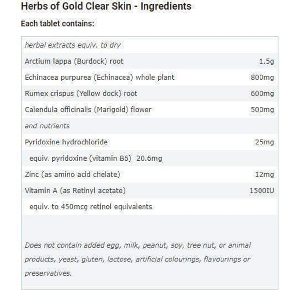 ClearSkin Gold Herbal Supplement bottle showcasing its herbal ingredients.