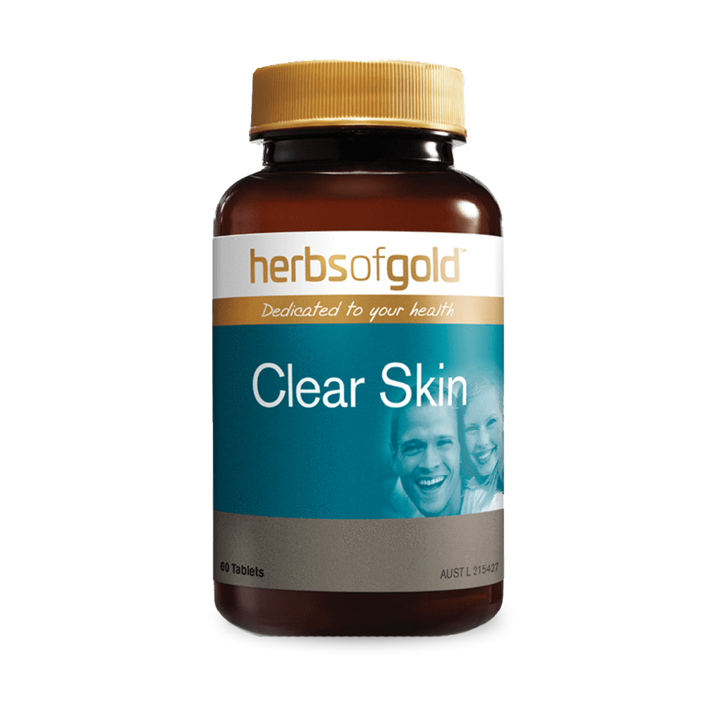 ClearSkin Gold Herbal Supplement bottle showcasing its herbal ingredients.