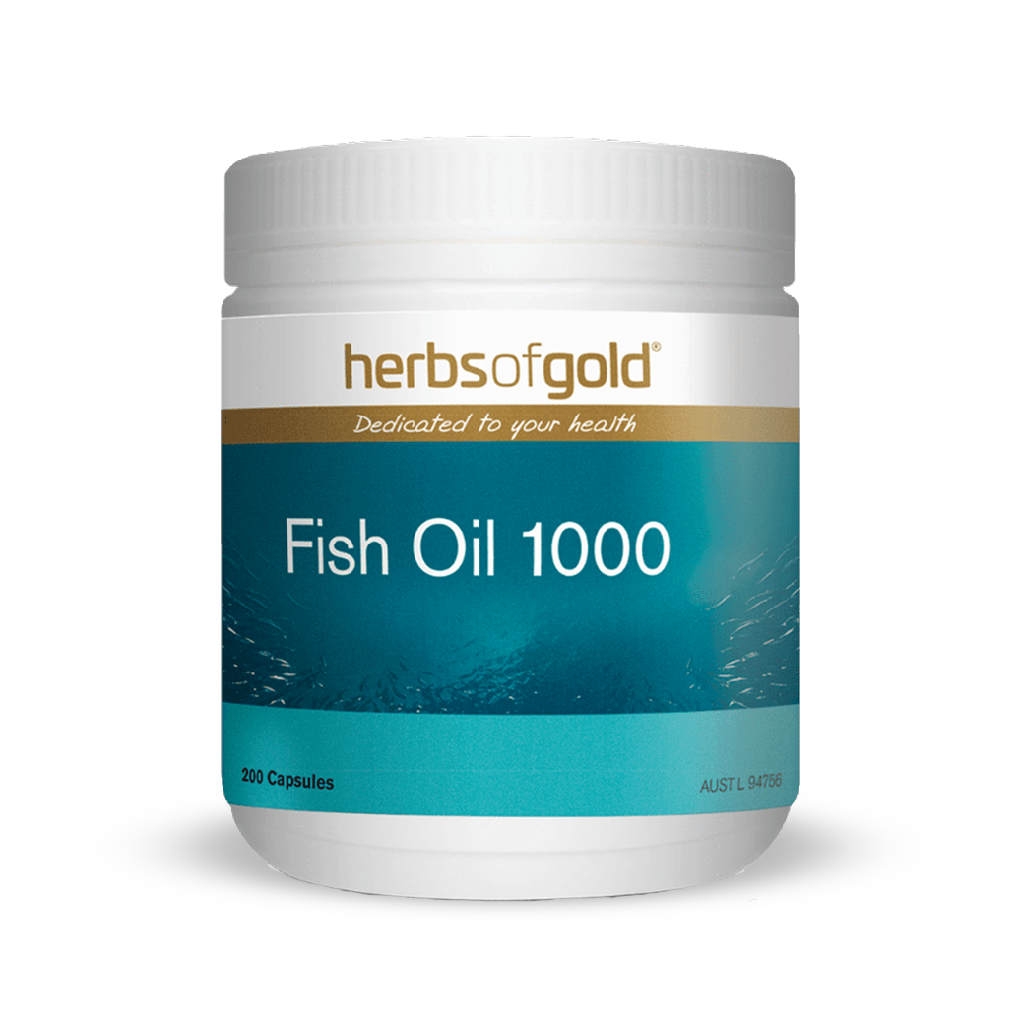 Close-up of Herbs of Gold Fish Oil 1000 capsules on a white background, highlighting high potency omega-3 benefits