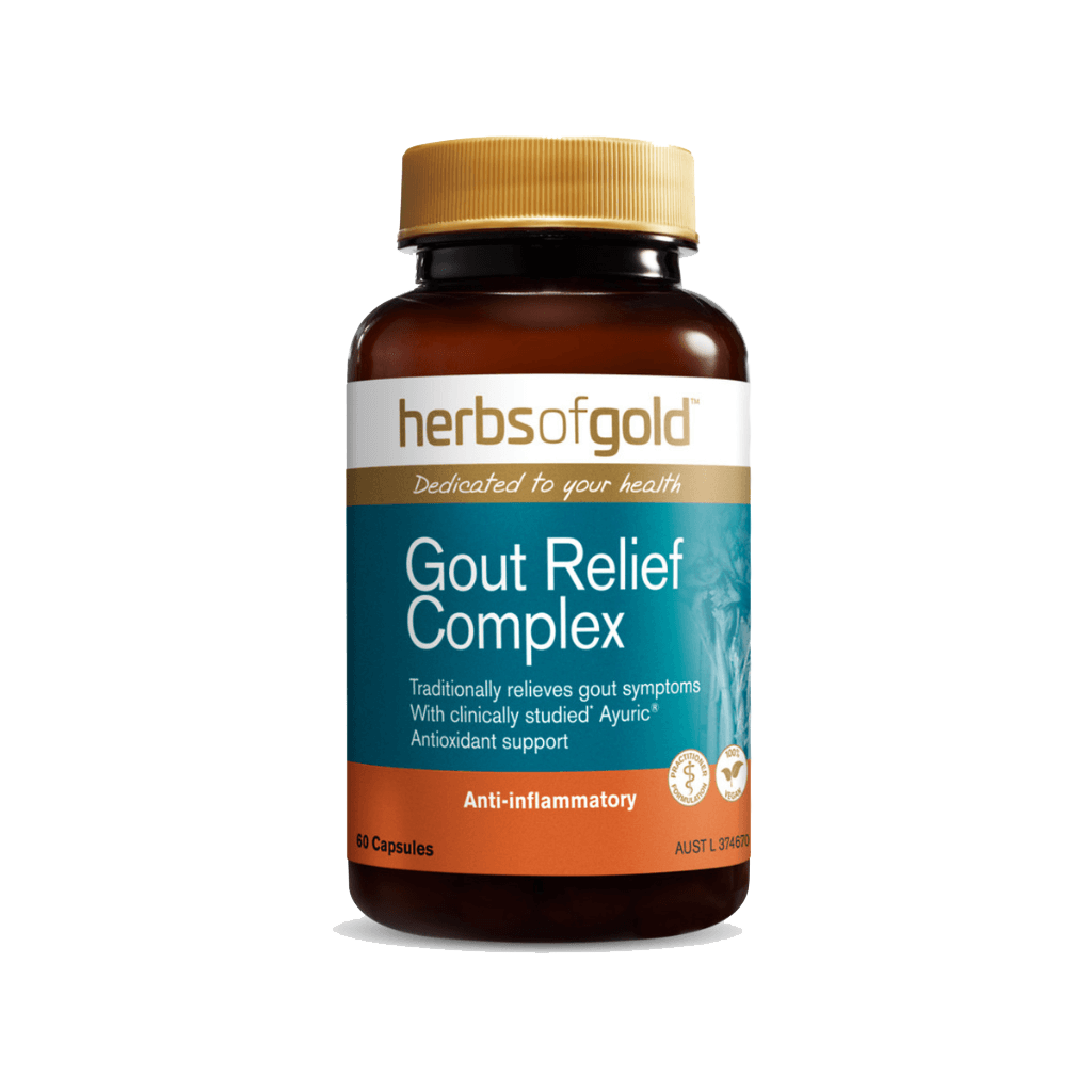 Natural Gout Relief Formula bottle showcasing its powerful ingredients.