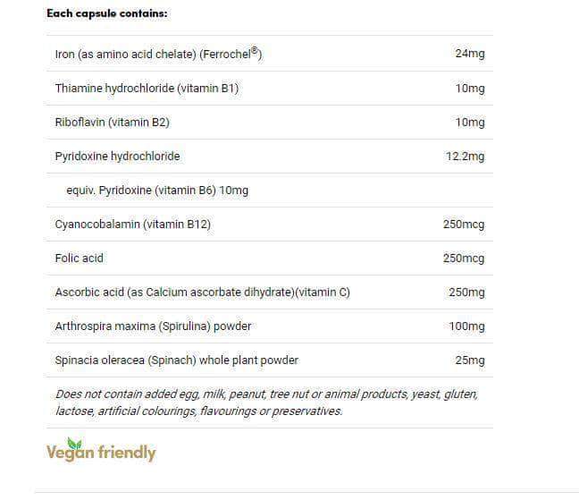 Close-up of Vitality Organic Iron Tonic capsules, highlighting their organic composition for energy support.