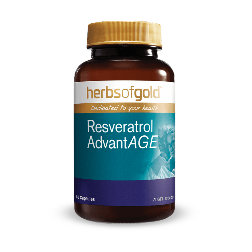 Close-up of ResveraGlow bottle showing 60 antioxidant capsules for joint and skin support
