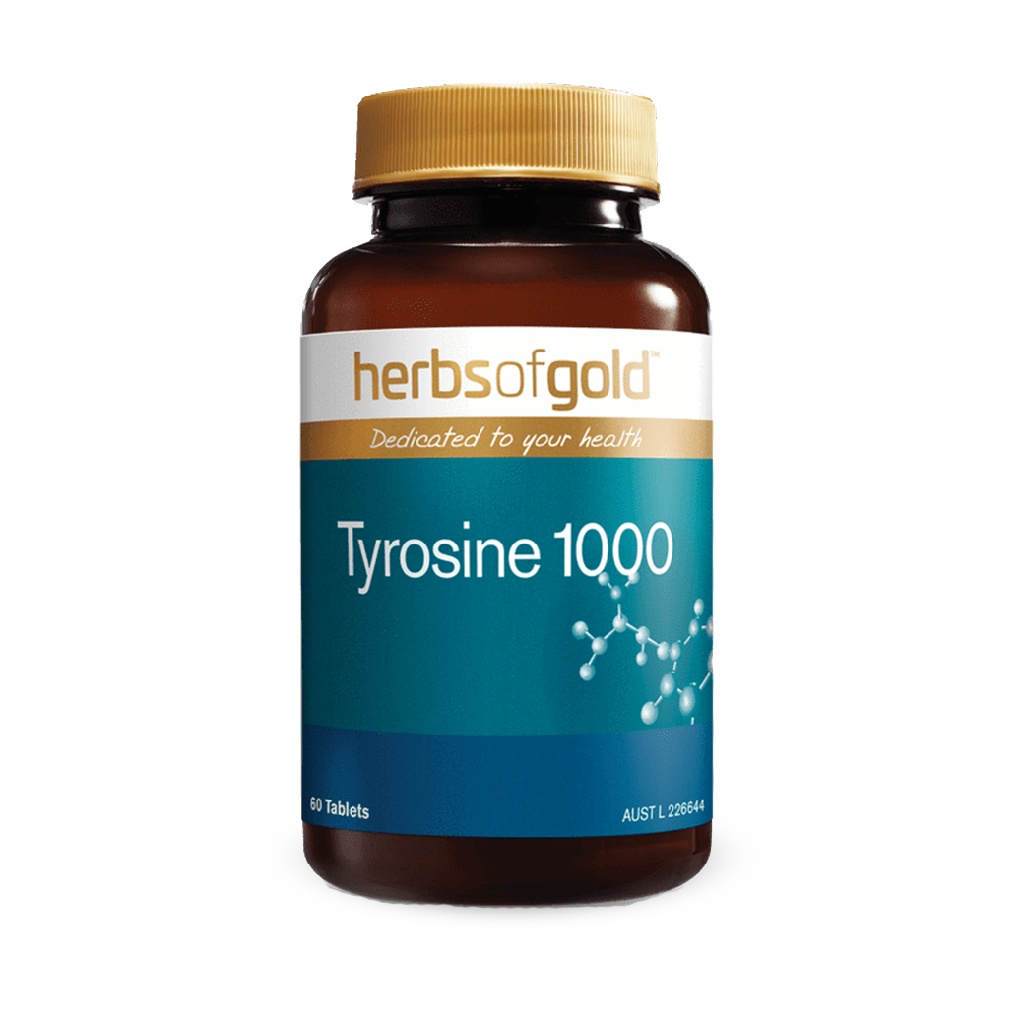 Close-up of Herbs of Gold Tyrosine 1000 tablets showing high-strength amino acid supplement