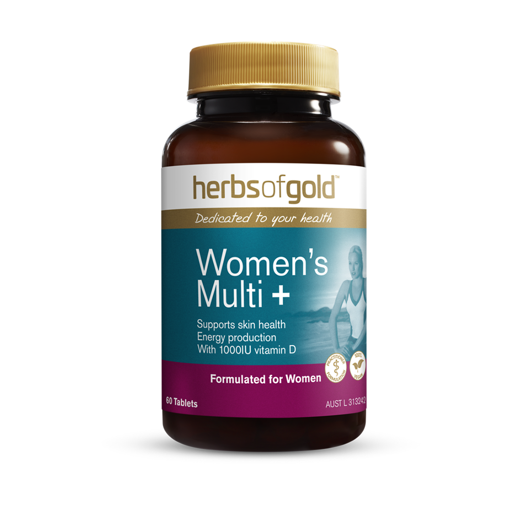 Close-up of Vibrant Women's Multivitamin with Herbal Support bottle highlighting its herbal ingredients.