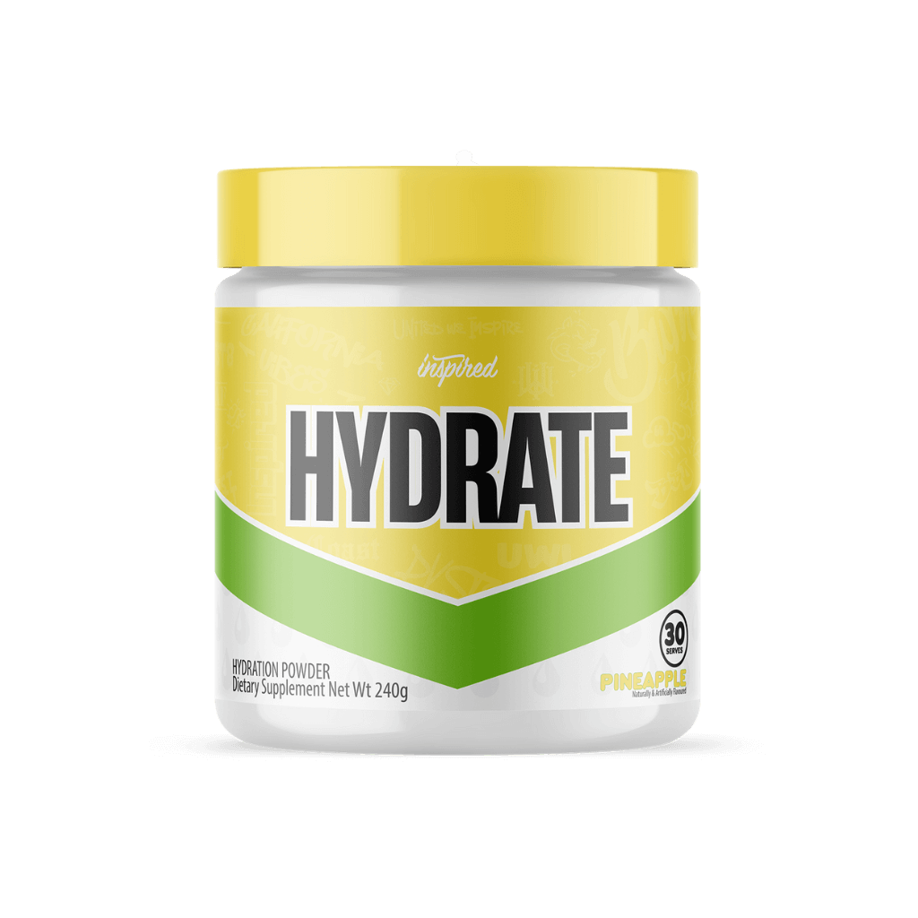 Close-up of Inspired Hydrate electrolyte beverage bottle showing ingredients