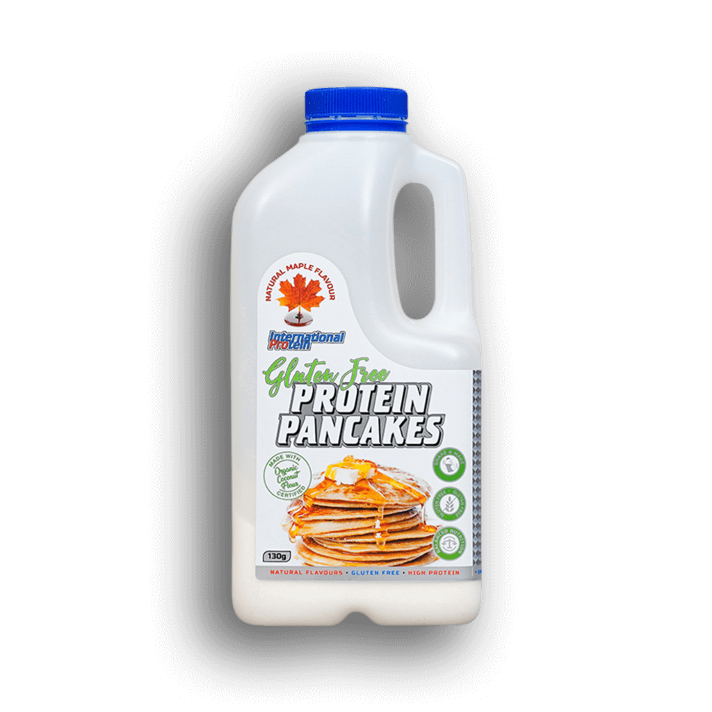 Stack of high protein pancakes with toppings, showcasing gluten free and muscle gain benefits