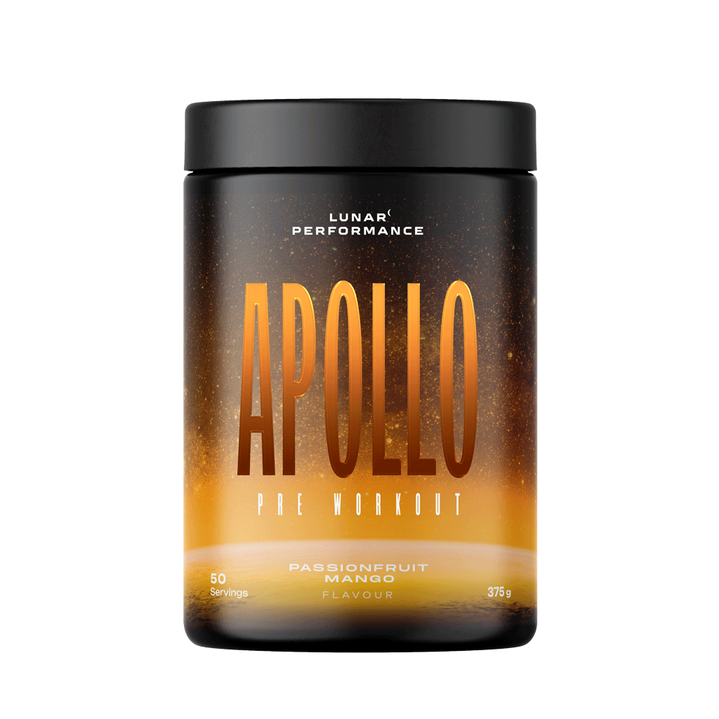 Close-up of a scoop of Apollo Power Boost supplement with a vibrant gym environment
