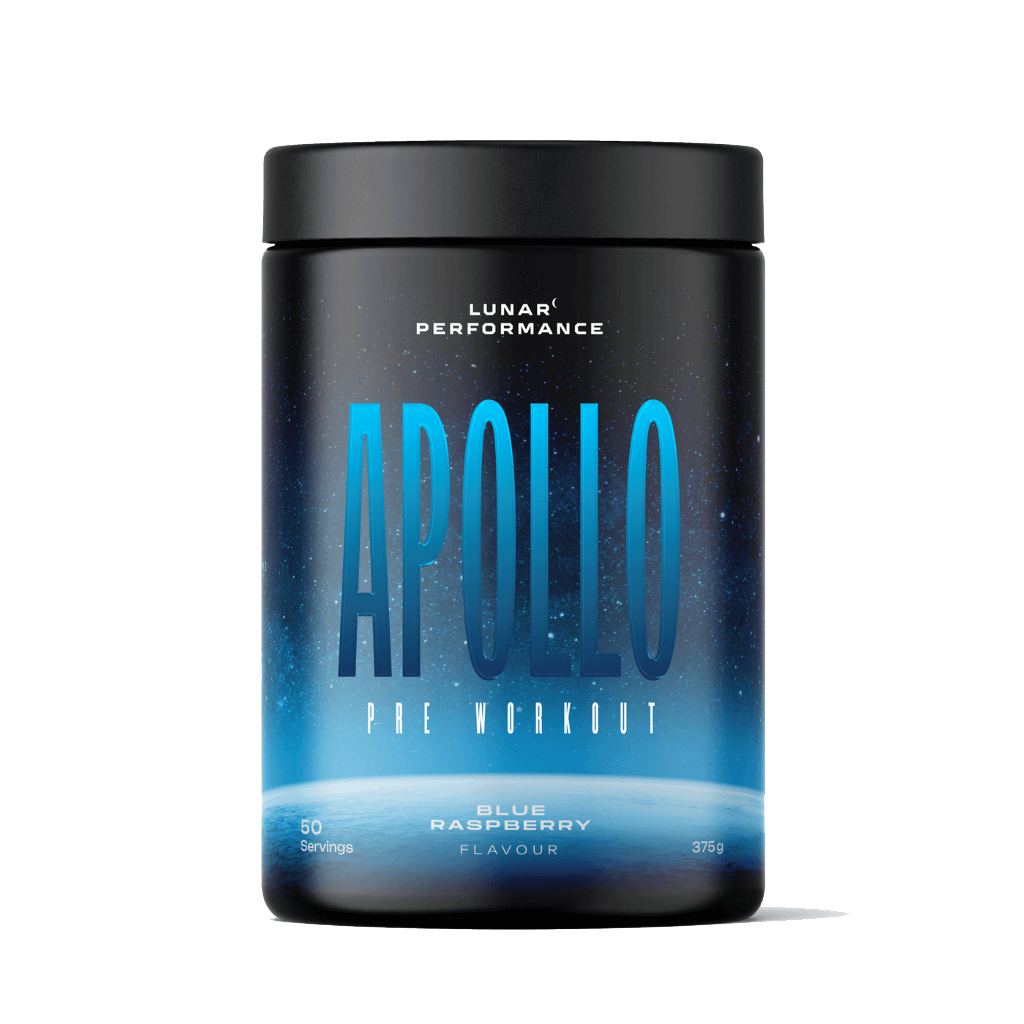 Close-up of a scoop of Apollo Power Boost supplement with a vibrant gym environment