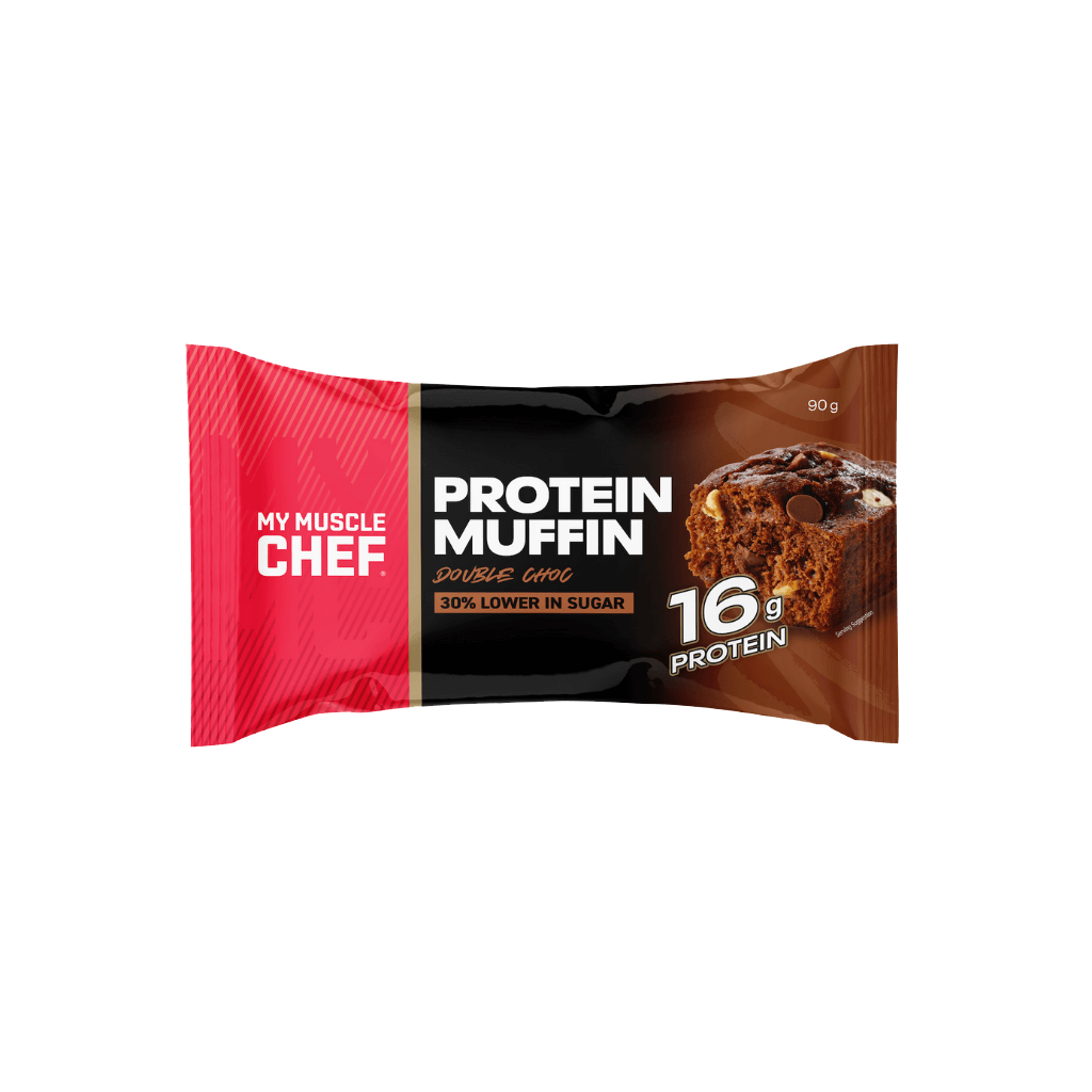 Close-up of a delicious protein muffin, highlighting its ingredients and appeal