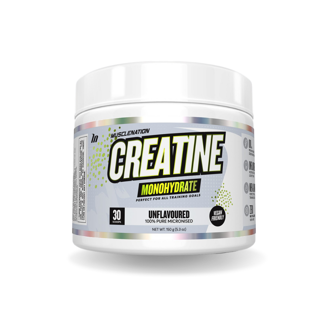Muscle Nation creatine monohydrate powder in a gym setting, ideal for muscle growth.
