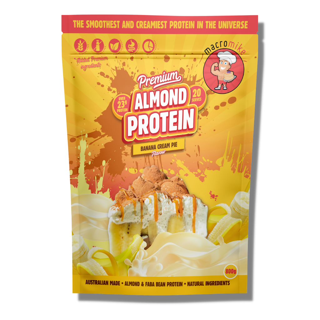 Close-up of almond protein powder scoop with almonds and Faba Beans