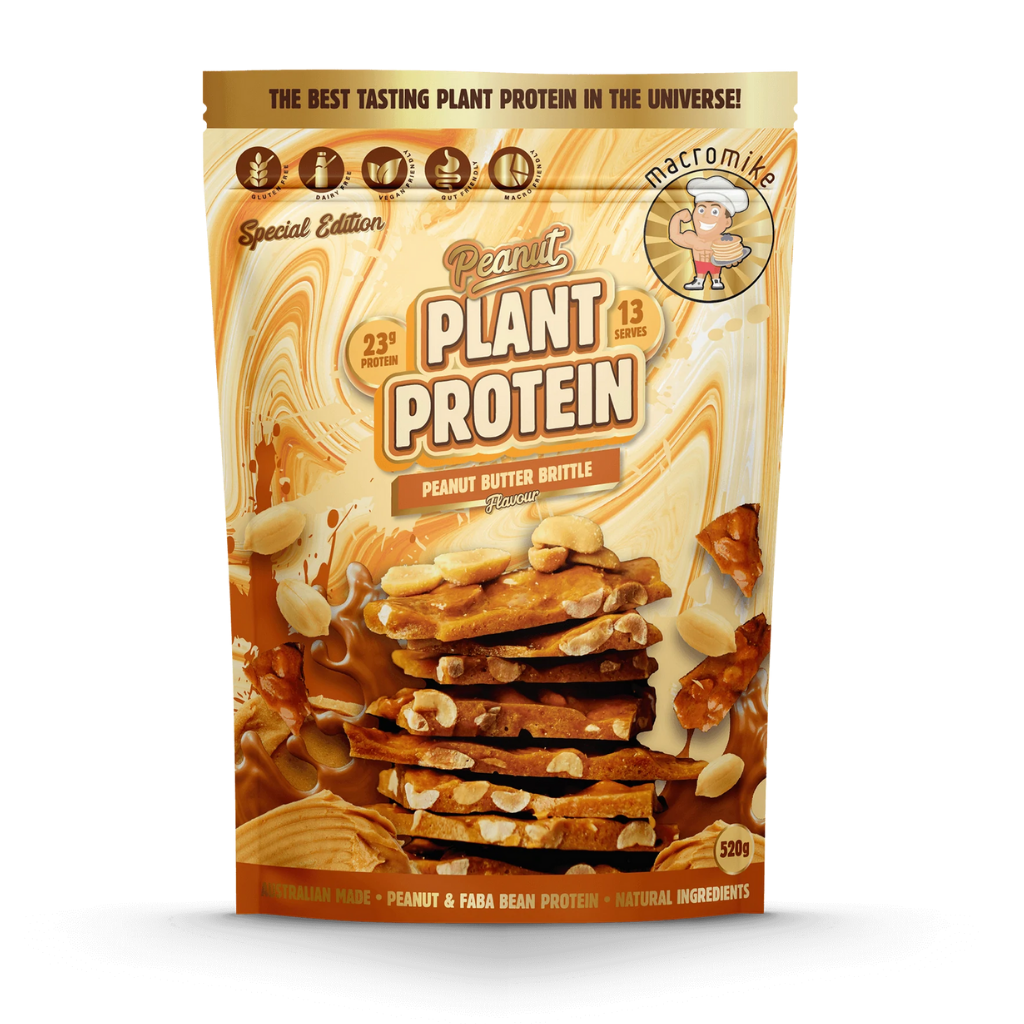 Close-up of peanut plant protein powder in a scoop, highlighting its texture and quality