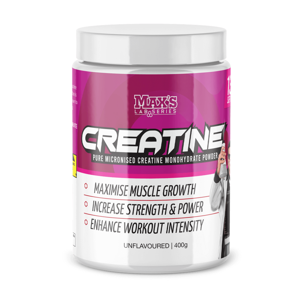 A close-up of Max's Premium Creatine Monohydrate, highlighting its pharmaceutical-grade quality and effectiveness for muscle gain.