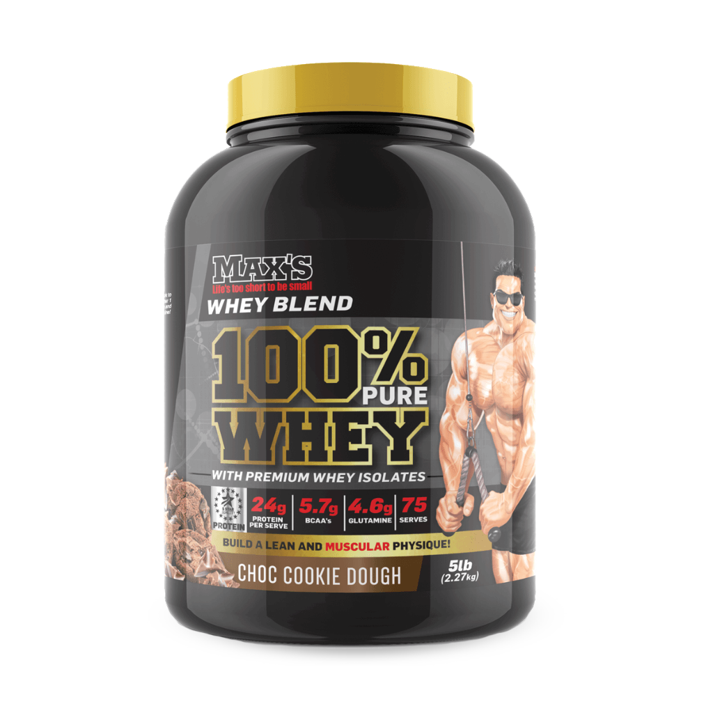 Max's 100% Pure Whey protein scoop with powder for muscle gain